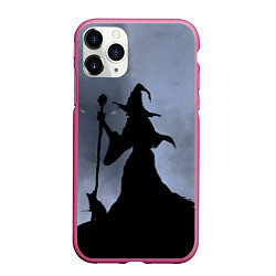 Чехол iPhone 11 Pro матовый Halloween - силуэт ведьмы с котом, цвет: 3D-малиновый