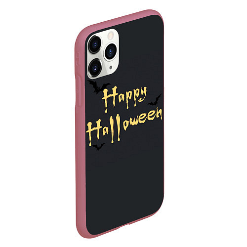 Чехол iPhone 11 Pro матовый Happy Halloween надпись с летучими мышами / 3D-Малиновый – фото 2