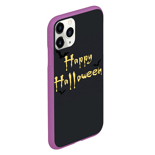 Чехол iPhone 11 Pro матовый Happy Halloween надпись с летучими мышами / 3D-Фиолетовый – фото 2