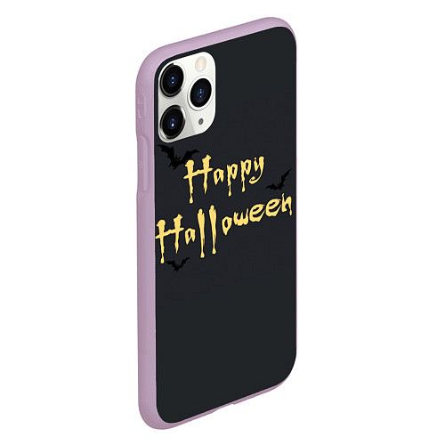 Чехол iPhone 11 Pro матовый Happy Halloween надпись с летучими мышами / 3D-Сиреневый – фото 2