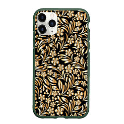Чехол iPhone 11 Pro матовый Золотые узоры - цветы, цвет: 3D-темно-зеленый