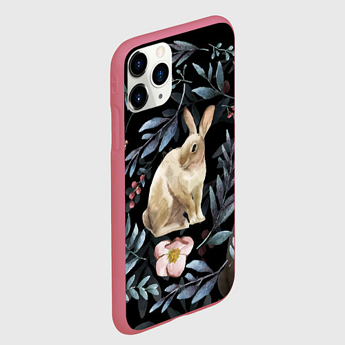 Чехол iPhone 11 Pro матовый Новогодний кролик - Веточки и цветочки / 3D-Малиновый – фото 2