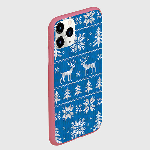 Чехол iPhone 11 Pro матовый Рождественский синий свитер с оленями / 3D-Малиновый – фото 2