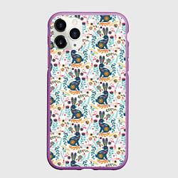 Чехол iPhone 11 Pro матовый Новогодний паттерн - Кролики и веточки, цвет: 3D-фиолетовый