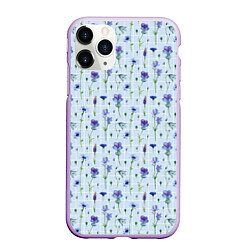 Чехол iPhone 11 Pro матовый Синие и фиолетовые цветы на голубой клетке, цвет: 3D-сиреневый