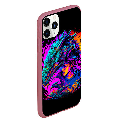 Чехол iPhone 11 Pro матовый Дракон и девушка - поп арт / 3D-Малиновый – фото 2