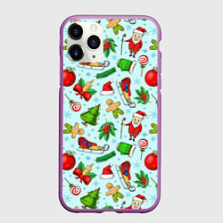 Чехол iPhone 11 Pro матовый Новогодний паттерн, цвет: 3D-фиолетовый