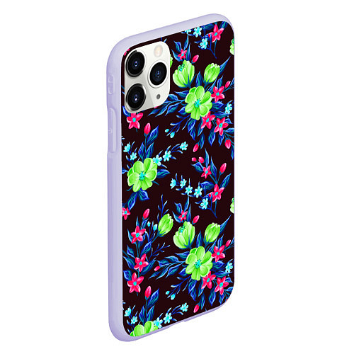 Чехол iPhone 11 Pro матовый Неоновые цветы - паттерн / 3D-Светло-сиреневый – фото 2