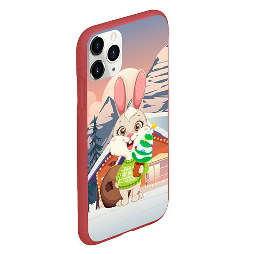 Чехол iPhone 11 Pro матовый Зайчик с елочкой в руках / 3D-Красный – фото 2