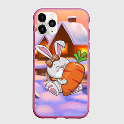 Чехол iPhone 11 Pro матовый Зайчик с большой морковью, цвет: 3D-малиновый