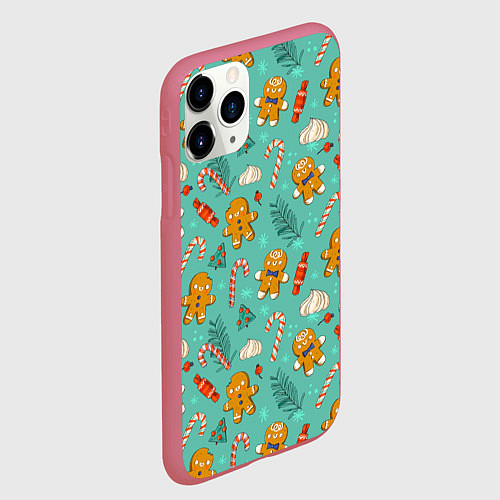 Чехол iPhone 11 Pro матовый Новогодний паттерн с печеньем и конфетами / 3D-Малиновый – фото 2