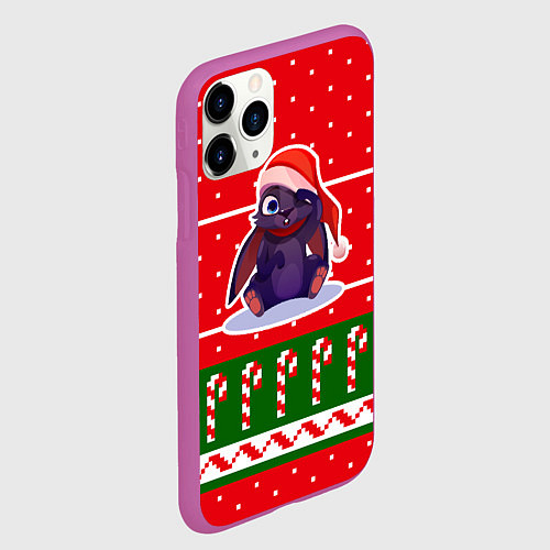 Чехол iPhone 11 Pro матовый Красный новогодний свитер - кролик / 3D-Фиолетовый – фото 2