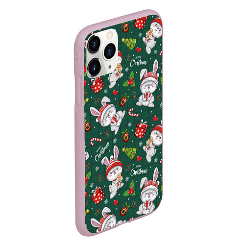 Чехол iPhone 11 Pro матовый Новогодние кролики - паттерн / 3D-Розовый – фото 2