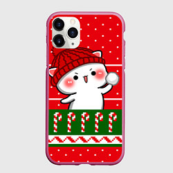 Чехол iPhone 11 Pro матовый Белый котик - игра в снежки, цвет: 3D-малиновый