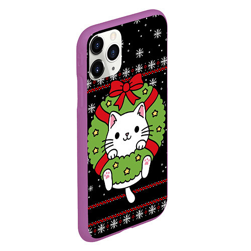 Чехол iPhone 11 Pro матовый Рождественский венок с котиком / 3D-Фиолетовый – фото 2