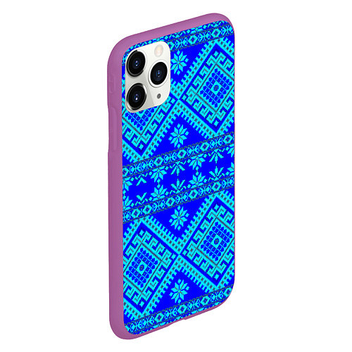 Чехол iPhone 11 Pro матовый Сине-голубые узоры - вышивка / 3D-Фиолетовый – фото 2