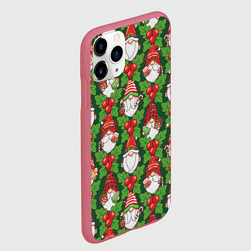 Чехол iPhone 11 Pro матовый Новогодние гномы - паттерн / 3D-Малиновый – фото 2