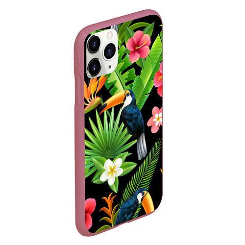 Чехол iPhone 11 Pro матовый Тропический паттерн с туканом / 3D-Малиновый – фото 2