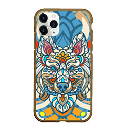 Чехол iPhone 11 Pro матовый Волк в узорах на нежном цветочном фоне, цвет: 3D-коричневый