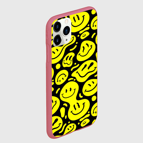 Чехол iPhone 11 Pro матовый Кислотный желтый смайлик / 3D-Малиновый – фото 2