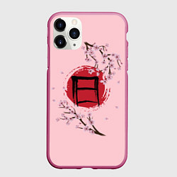 Чехол iPhone 11 Pro матовый Цветущая сакура с иероглифом cолнце, цвет: 3D-малиновый