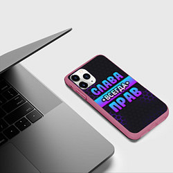 Чехол iPhone 11 Pro матовый Слава всегда прав - неоновые соты, цвет: 3D-малиновый — фото 2