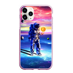 Чехол iPhone 11 Pro матовый Космонавт среди планет в виртуальной вселенной, цвет: 3D-розовый