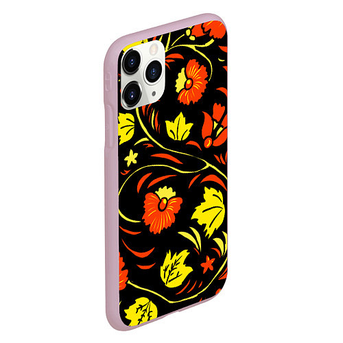 Чехол iPhone 11 Pro матовый Хохлома черный фон / 3D-Розовый – фото 2