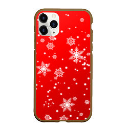 Чехол iPhone 11 Pro матовый Снежинки на красном фоне, цвет: 3D-коричневый