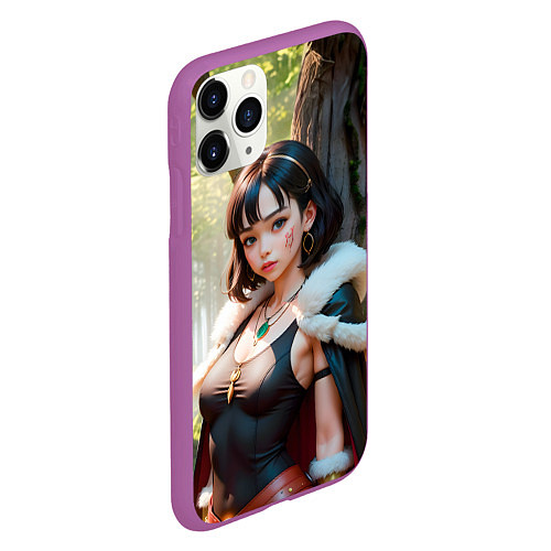 Чехол iPhone 11 Pro матовый Нейросеть - аниме девушка в лесу / 3D-Фиолетовый – фото 2