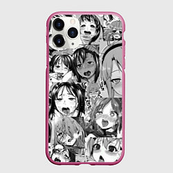 Чехол iPhone 11 Pro матовый Ахегао паттерн, цвет: 3D-малиновый