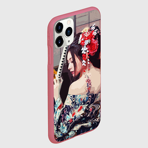 Чехол iPhone 11 Pro матовый Японская девушка с самурайским мечом / 3D-Малиновый – фото 2