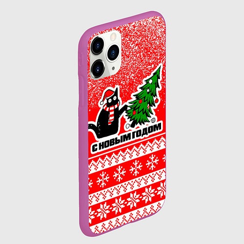 Чехол iPhone 11 Pro матовый С новым годом - котик и ёлка / 3D-Фиолетовый – фото 2