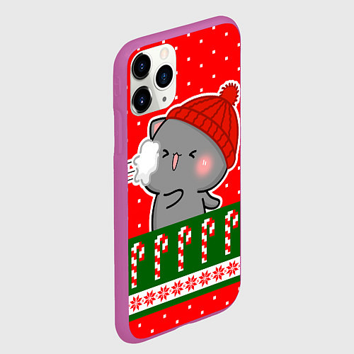 Чехол iPhone 11 Pro матовый Серый котик - играет в снежки / 3D-Фиолетовый – фото 2