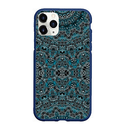 Чехол iPhone 11 Pro матовый Синий , белый орнамент на черном, цвет: 3D-тёмно-синий