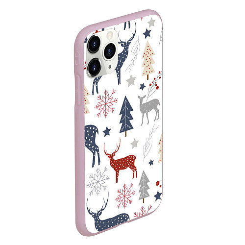 Чехол iPhone 11 Pro матовый Олени в новогоднем лесу / 3D-Розовый – фото 2