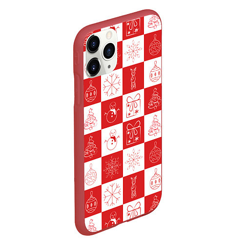 Чехол iPhone 11 Pro матовый Красно-белые квадраты с шариками и снежинками / 3D-Красный – фото 2