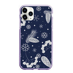 Чехол iPhone 11 Pro матовый Зимние ягоды и шишки на синем фоне, цвет: 3D-светло-сиреневый
