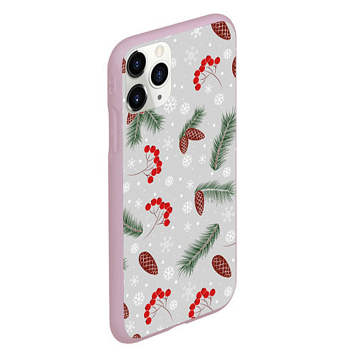 Чехол iPhone 11 Pro матовый Зимние ягоды и шишки / 3D-Розовый – фото 2