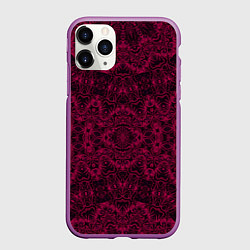 Чехол iPhone 11 Pro матовый Малиновый орнамент на черном, цвет: 3D-фиолетовый