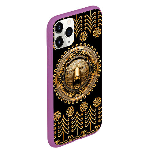 Чехол iPhone 11 Pro матовый Медведь золотой барельеф с этническим орнаментом / 3D-Фиолетовый – фото 2