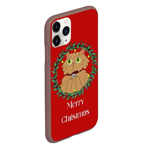 Чехол iPhone 11 Pro матовый Christmas cat with a garland / 3D-Коричневый – фото 2