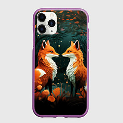 Чехол iPhone 11 Pro матовый Две лисоньки в стиле Folk Art, цвет: 3D-фиолетовый