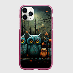 Чехол iPhone 11 Pro матовый Совы в стиле Folk Art, цвет: 3D-малиновый