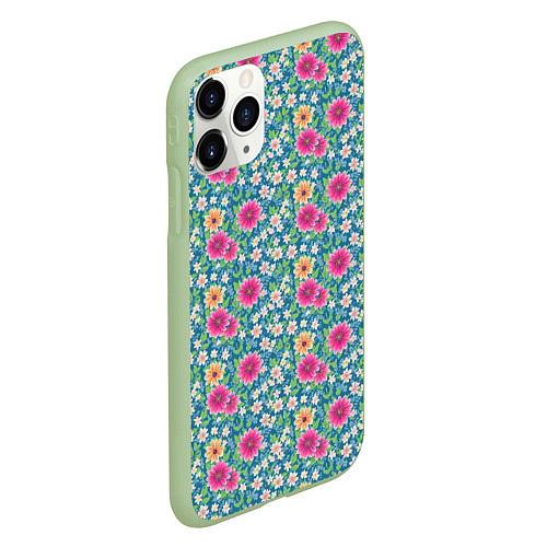 Чехол iPhone 11 Pro матовый Весенний цветочный паттерн / 3D-Салатовый – фото 2