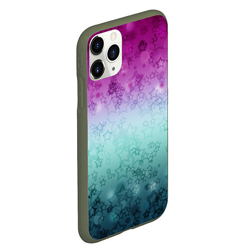 Чехол iPhone 11 Pro матовый Градиентный узор звезды розово-бирюзовый / 3D-Темно-зеленый – фото 2