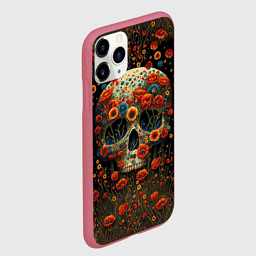 Чехол iPhone 11 Pro матовый Череп украшенный цветущими маками / 3D-Малиновый – фото 2