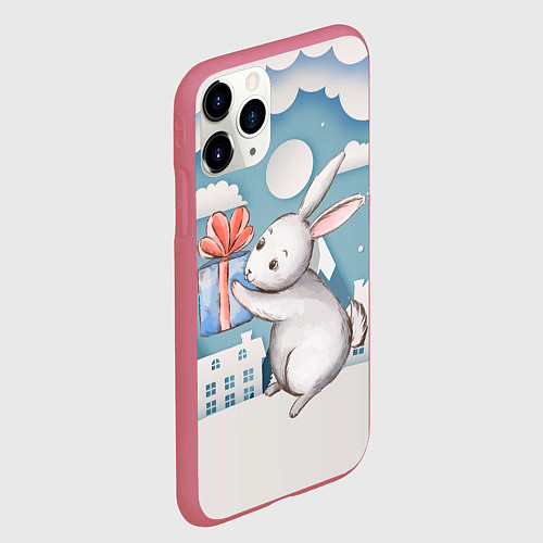 Чехол iPhone 11 Pro матовый Новогодний заяц держит подарок / 3D-Малиновый – фото 2