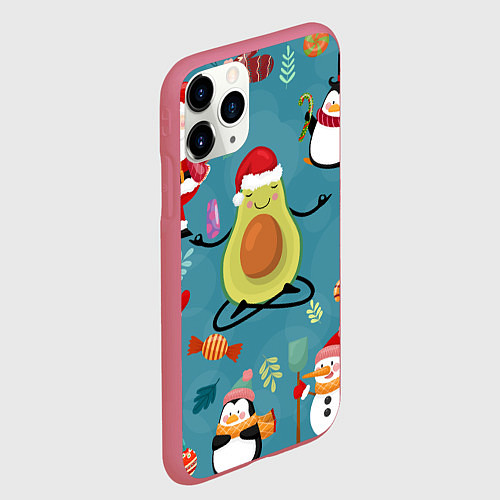 Чехол iPhone 11 Pro матовый Новогодний авокадо / 3D-Малиновый – фото 2