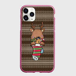 Чехол iPhone 11 Pro матовый Олень в новогоднем носке, цвет: 3D-малиновый